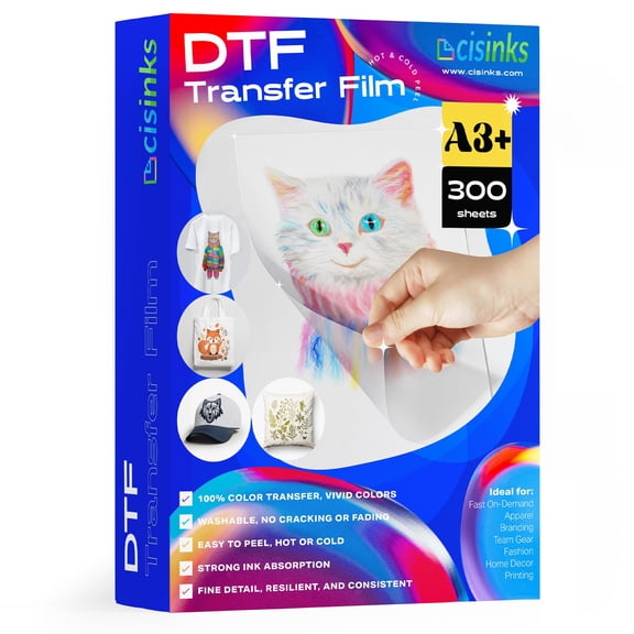 Cisinks - Premium DTF Transfer Film 13"x19" - A3 plus Hot/Cold Peel 300 Sheets Matte Clear PreTreat Pet Heat Transfer Paper for DIY Direct Print on All Fabric and Colors T-Shirts Textile