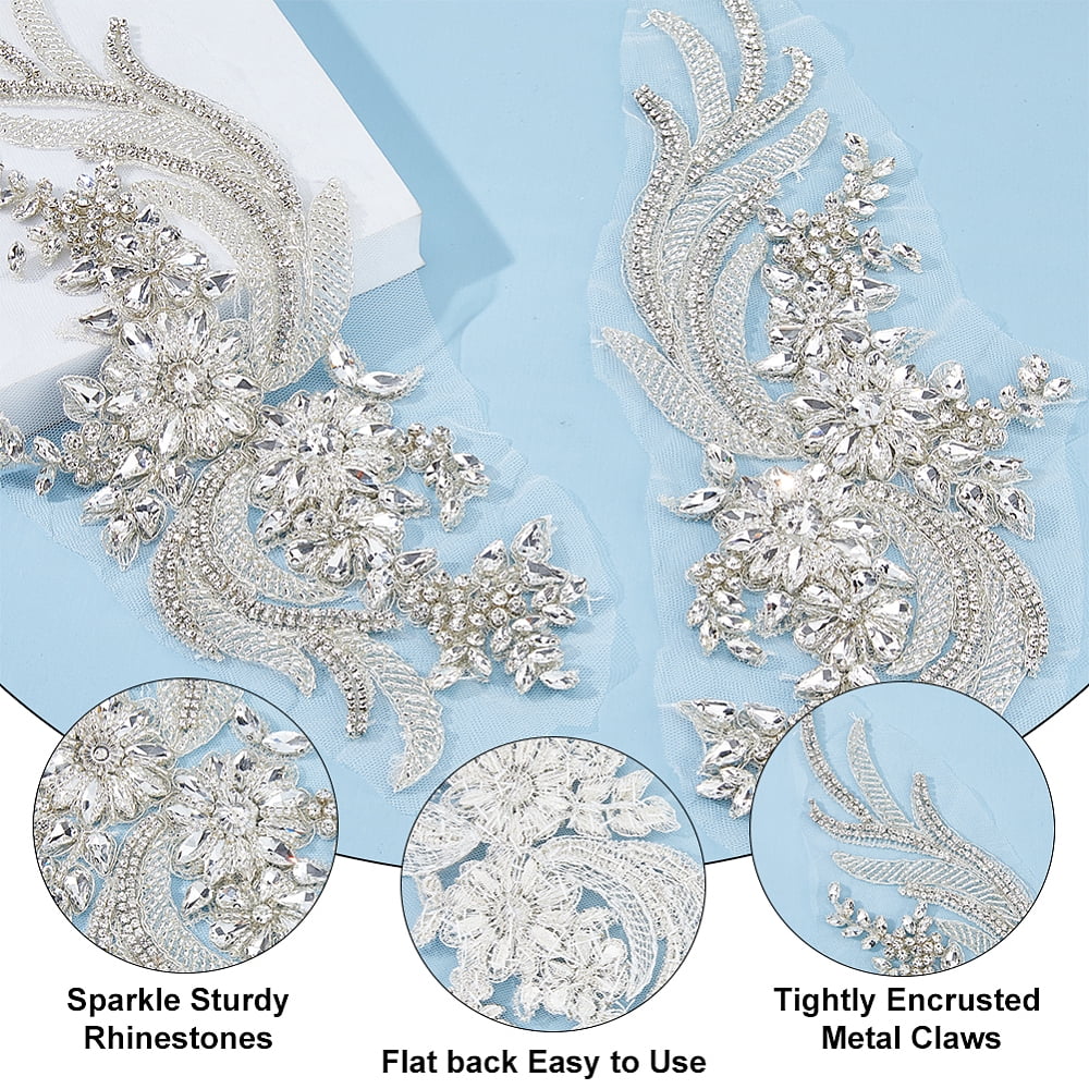 1 Pair Polyester Computerized Embroidery Cloth Iron on/Sew on Patches Flower with Rhinestone and Glass Beads White 357x127x7.5mm