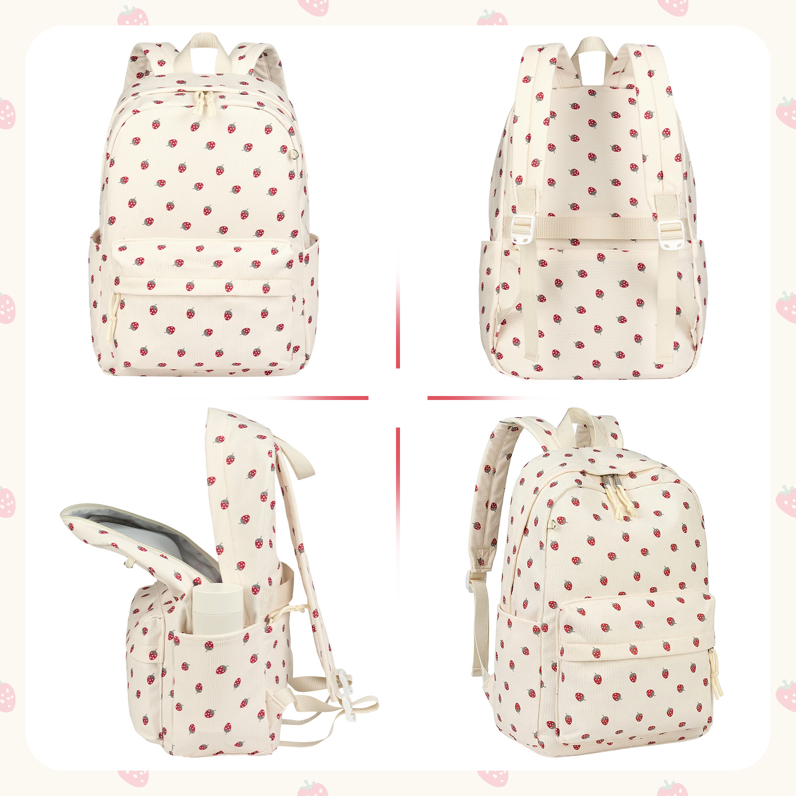 Mochila escolar para niños y adolescentes, linda, para niñas, para secundaria y preparatoria, gran capacidad, ligera, para universidad, beige con fresas 7