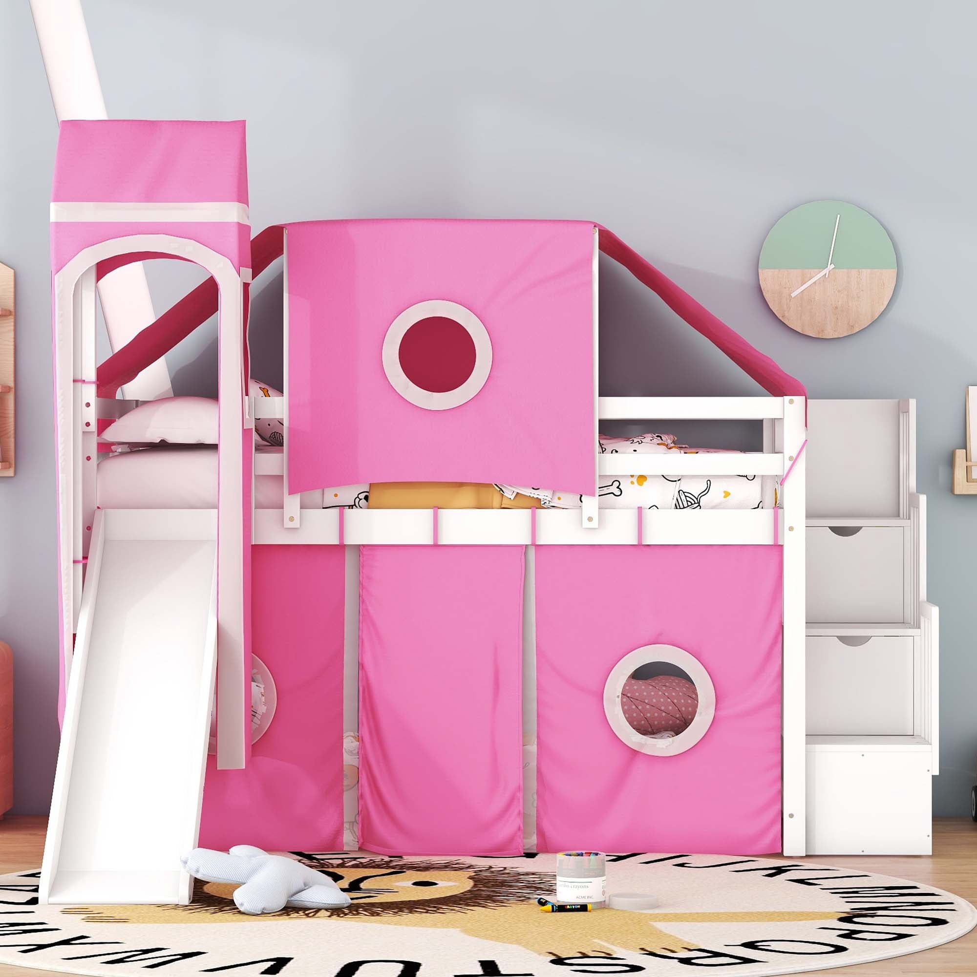 Aukfa Twin Loft Bed with Slide - Princess Castle Bed with Stairway Tent Tower for Kids Girls - Pink