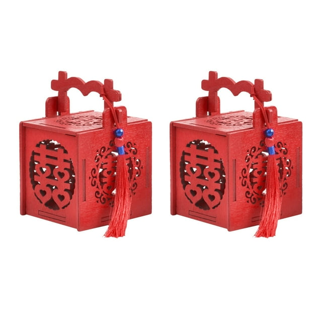 GAXIRE 2 cajas de regalo portátiles de estilo chino, de madera, para dulces, bodas, con borlas y cuentas azules, ahuecadas, para dulces, suministros para bodas, tamaño S