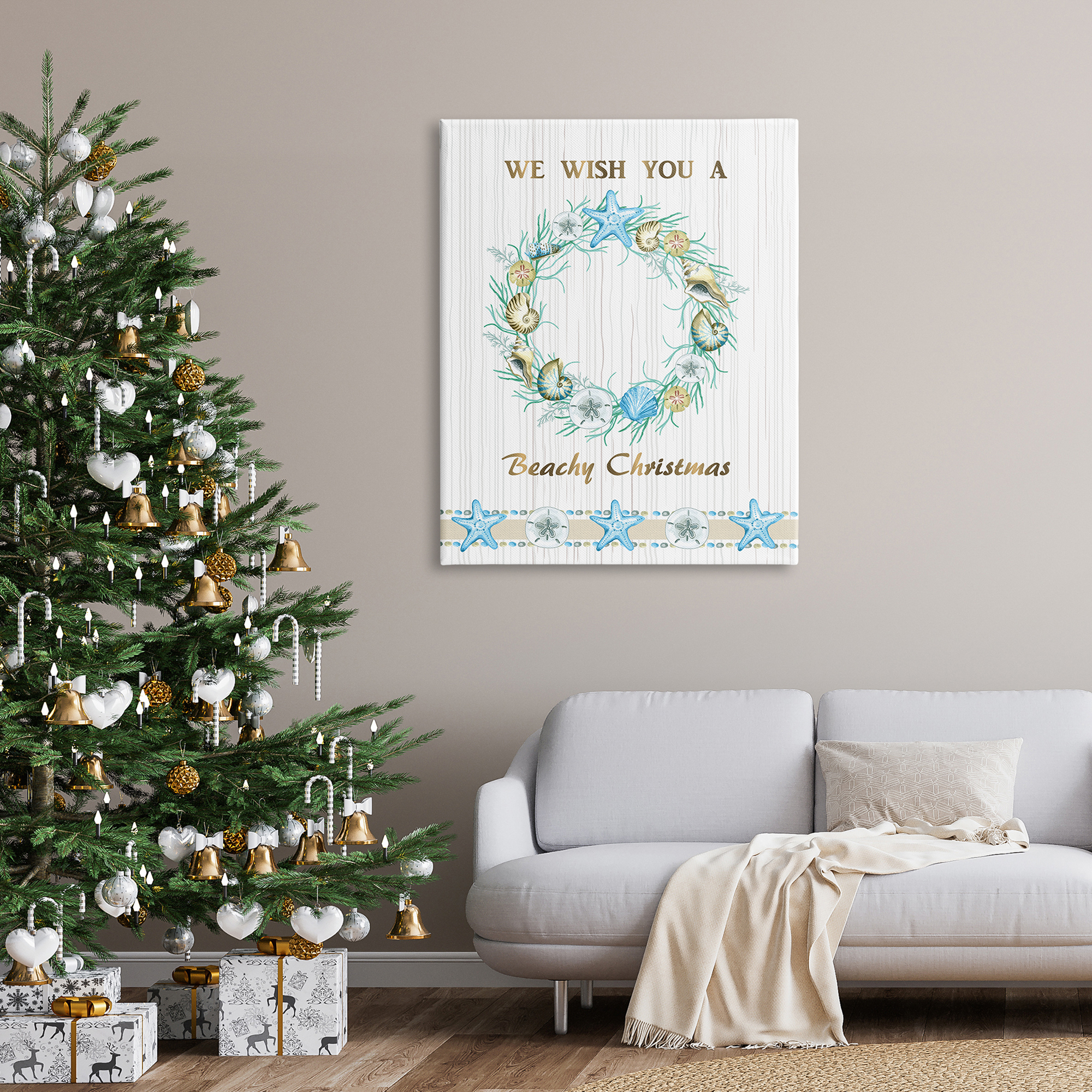 Beachy Christmas Sea Life Seashell Wreath Pattern Coastal Graphic Art Gallery-Wrapped Canvas Print Wall Art