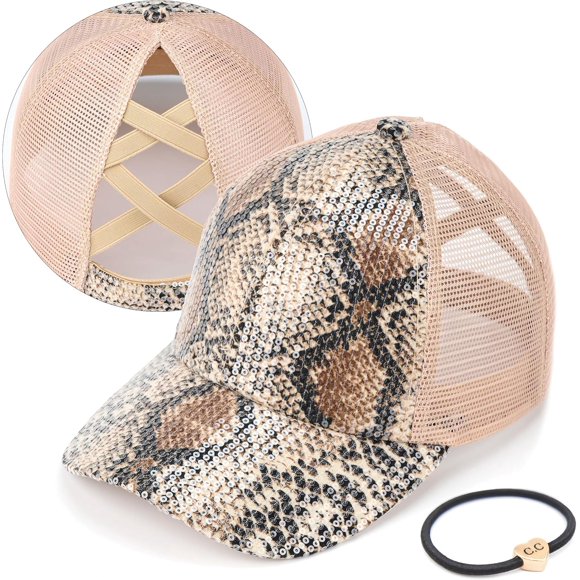 Snake Sequin-brownPonycap Messy High Bun Ponytail Adjustable Glitter Mesh Trucker Baseball Cap
