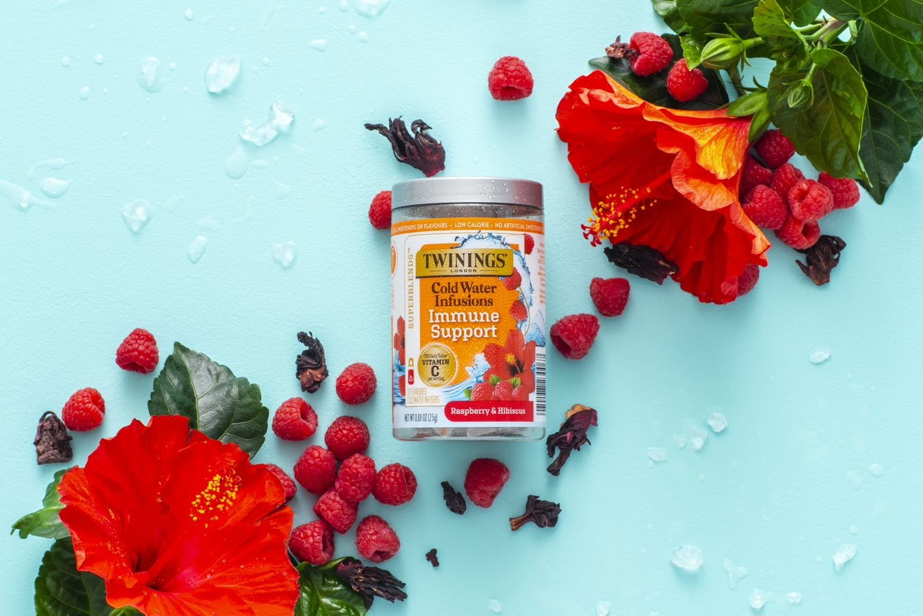 Twinings Cold Water Infusions, Immune Support+ Vitamin C Raspberry & Hibiscus Infuser Bags, 10 Count Canister