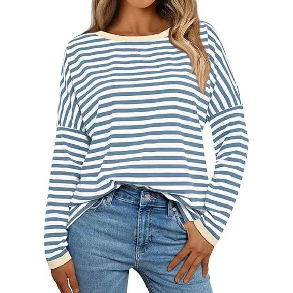 Jamsmile Women Tshirts Spring Summer Long Sleeve Round Neck Striped Print Base T Shirts Tops Loose Casual Basic Tees