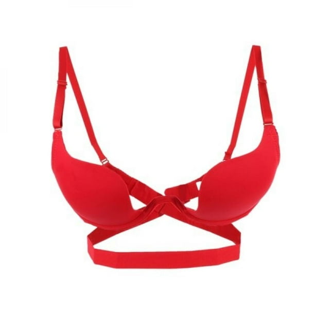 Women Bras Solid Color Bra Deep U Low Cut Super Push Up Backless Bra Red 80 36b