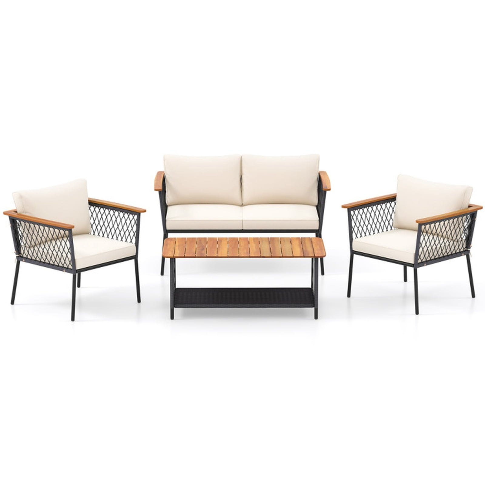 Furnibear 4 Piece Patio Furniture Set Outdoor Wicker Conversation Set with Cushioned Sofas and 2 Tier Coffee Table for Backyard Garden, Gray