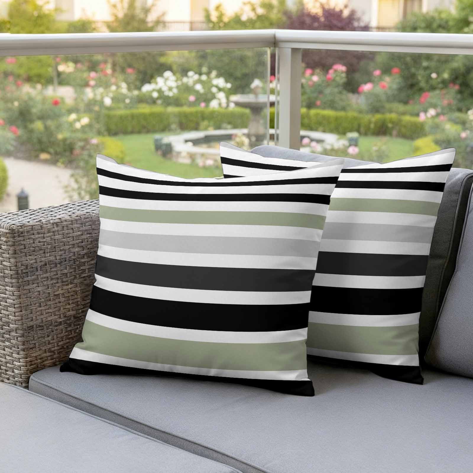 Sage Green Black Stripe Outdoor Waterproof Pillow Covers, Modern Abstract Coarse Striped Decorative Square Throw Pillowcase Sofa Cushion Sham for Patio/Couch/Chair, 24"x24" 2 Pack