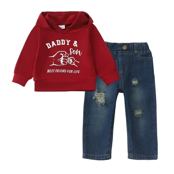 4T Baby Boys Clothes 5T Boys 2PCS Hoodie Outfits Set Letter Print Toddler Boys Long Sleeve Hoodie Top Denim Pants Set Red