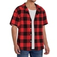 thumbnail image 4 of KLL Buffalo Plaid Red Black Print Men's Shirt Short Sleeve Button Down Summer Cuba Beach Shirts- Small, 4 of 7