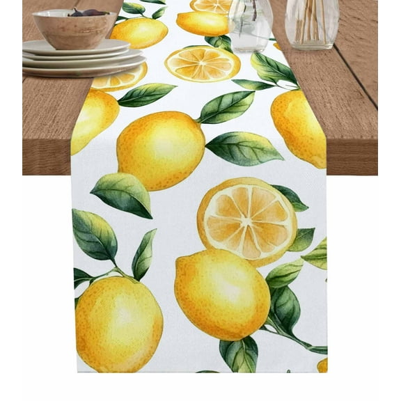 Watercolor Lemon Burlap Cotton Table Runner 13x36 Inches Short, Yellow Green Fruit Leaf Painting Farmhouse Table Runners, Outdoor Dining Tablecloths Decor for Baby Shower/Party/Wedding