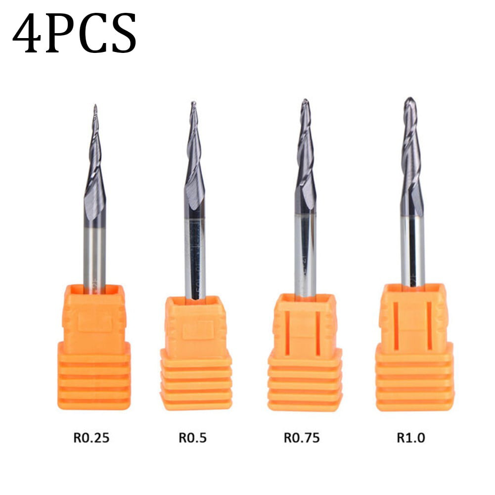 4 Pcs 4 Models Carbide Tapered End Mill Ball Nose Flute Length 15mm Series HRC55