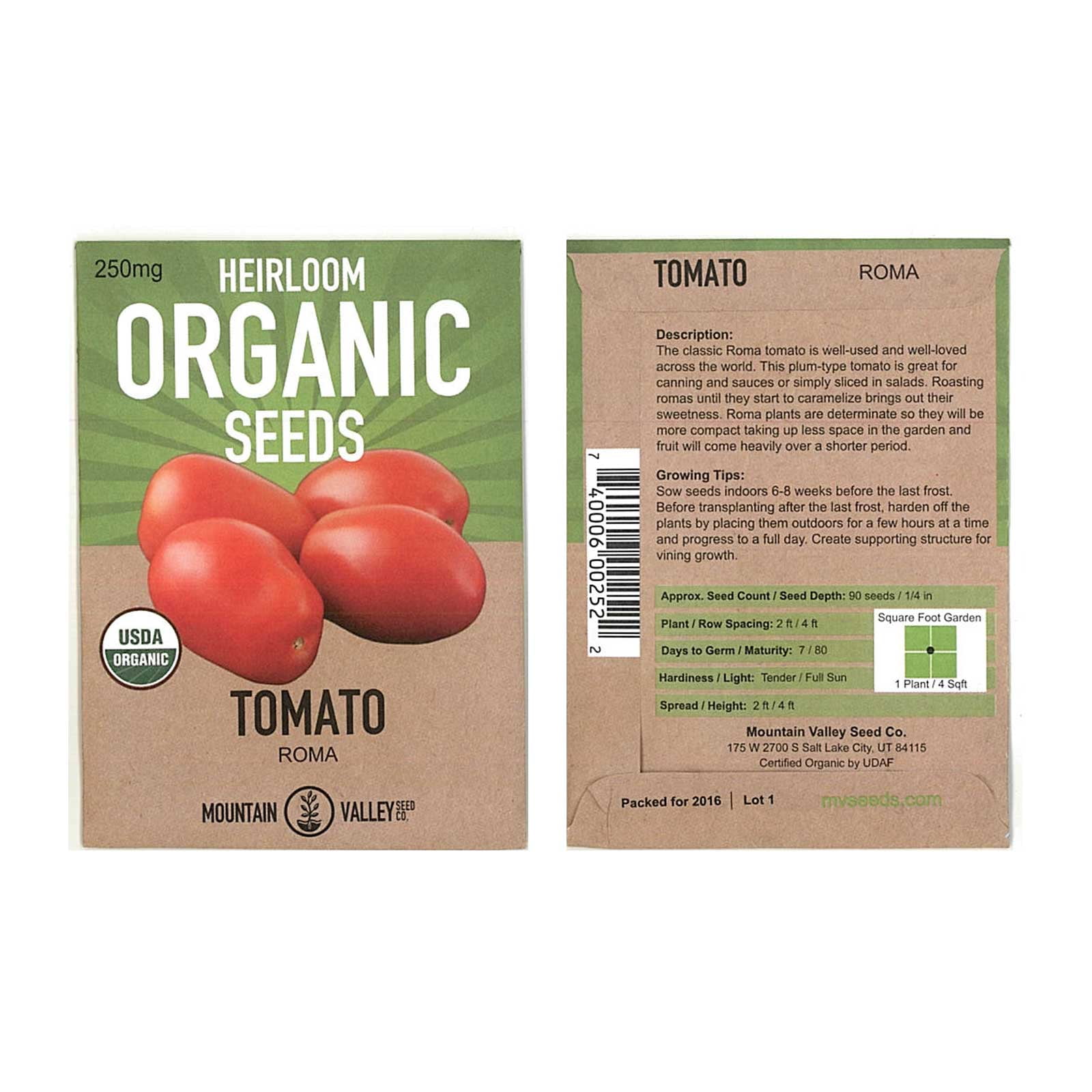 Tomato Garden Seeds Roma VF 250 mg Packet NonGMO, Heirloom