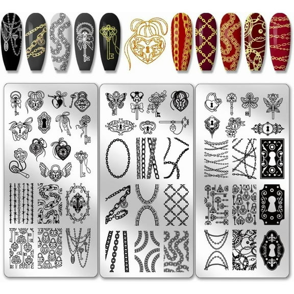 3pcs Keychain Chain Nail Art Templates Neutral Style Nail Stamping Plate Gothic Cool Lock Nail Art Stencils Stainless Steel Nail Image Plate for Nail Design Print Manicure Salon