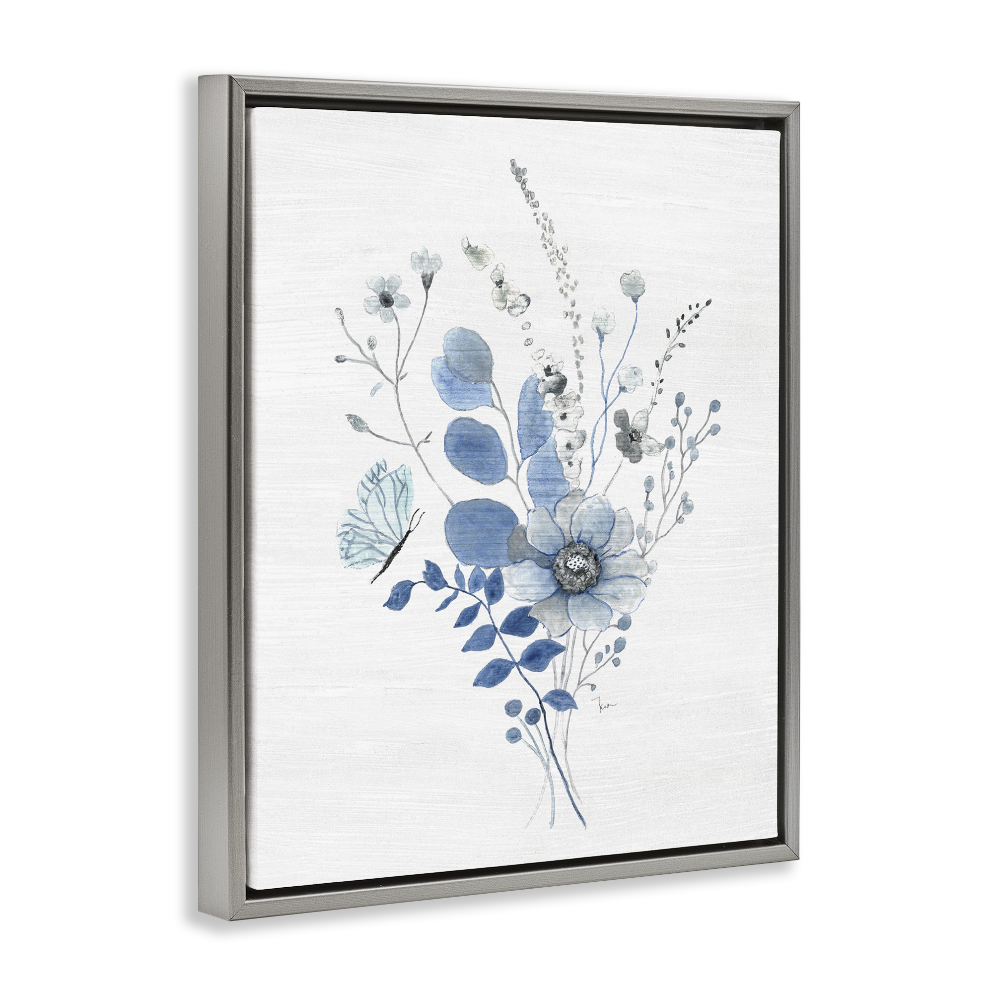 Stupell Industries Subtle Blue Wildflowers Botanical & Floral Painting Gray Floater Framed Art Print Wall Art, 17 x 21