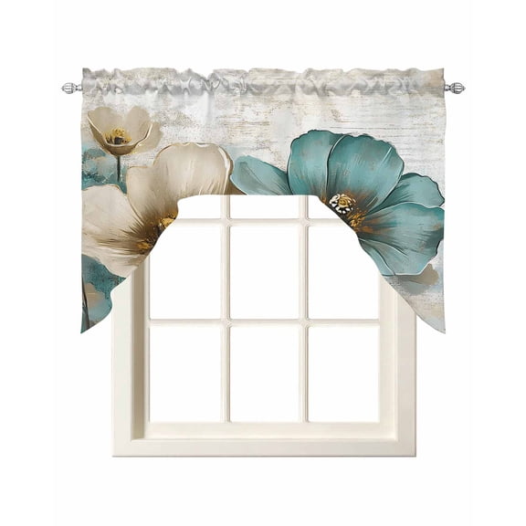 Retro Beige Teal Flowers Swag Valance and Tier Curtains Set Vintage Background Pastoral Style Kitchen Curtains 3 Piece Set Rod Pocket Panels for Bedroom Cafe 56x36 inch