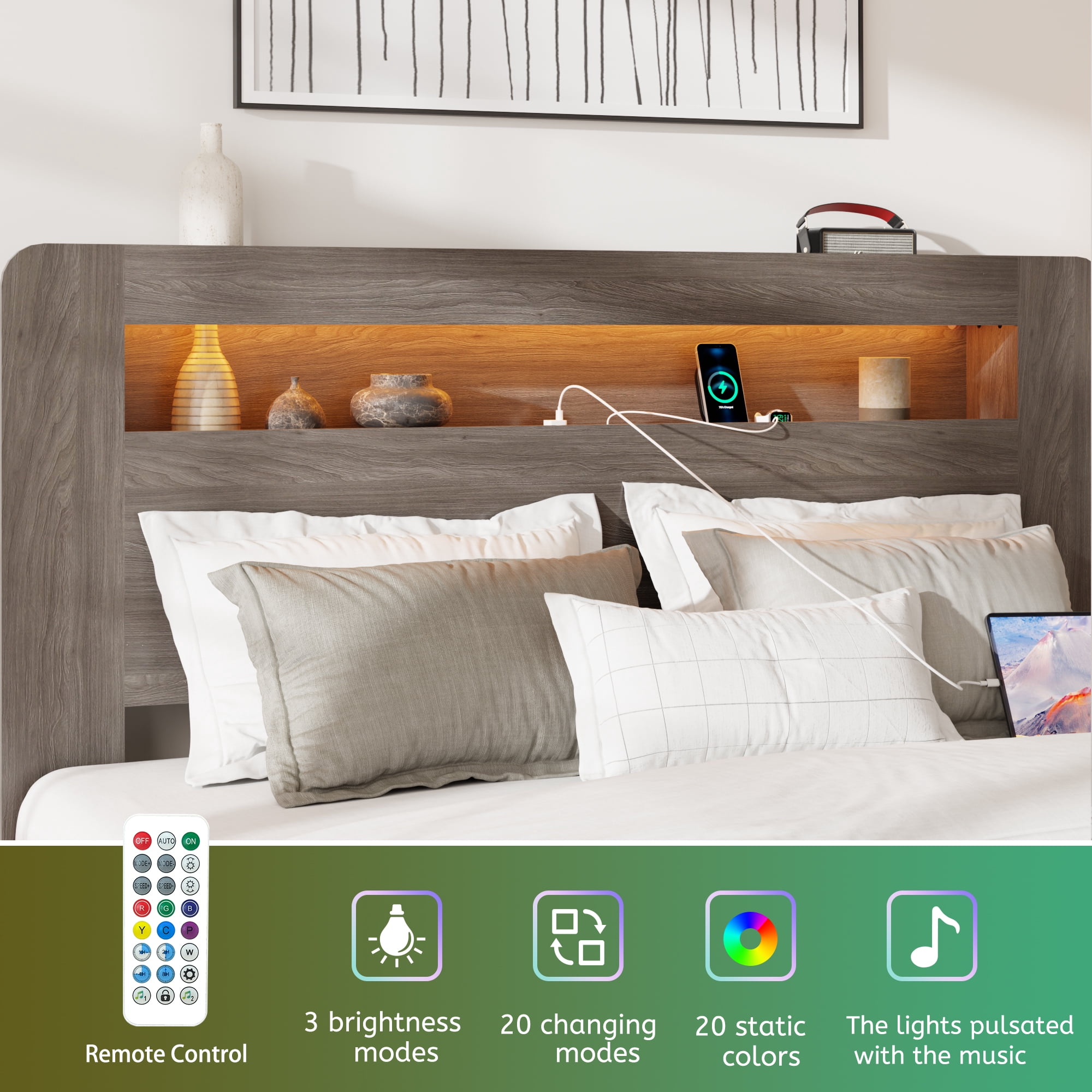 BSHTI Bed Frame with 2-Tier Storage Headboard, Wood Platform Bed Frame with Built-in Charging Station & LED, Queen Size, Vintage Grey, Platform Wood Bed for Bedroom