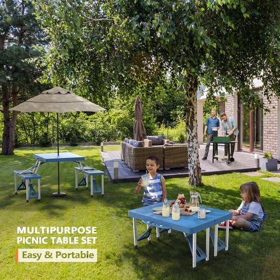 4 Ft Camping Picnic Table Set with 4 Seats with Umbrella Hole Folding Lightweight Suitcase Card Table-220 Lbs Support Aluminum Frame, Plastic RV Tabletop for Barbecue,Travel,Outing,Gathering