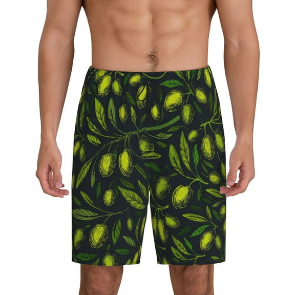 Naloa Green Branch Olive Men's Short Pajama Pants, Lounge Comfort Shorts with Elasticized Waistband and Side Pockets - Small