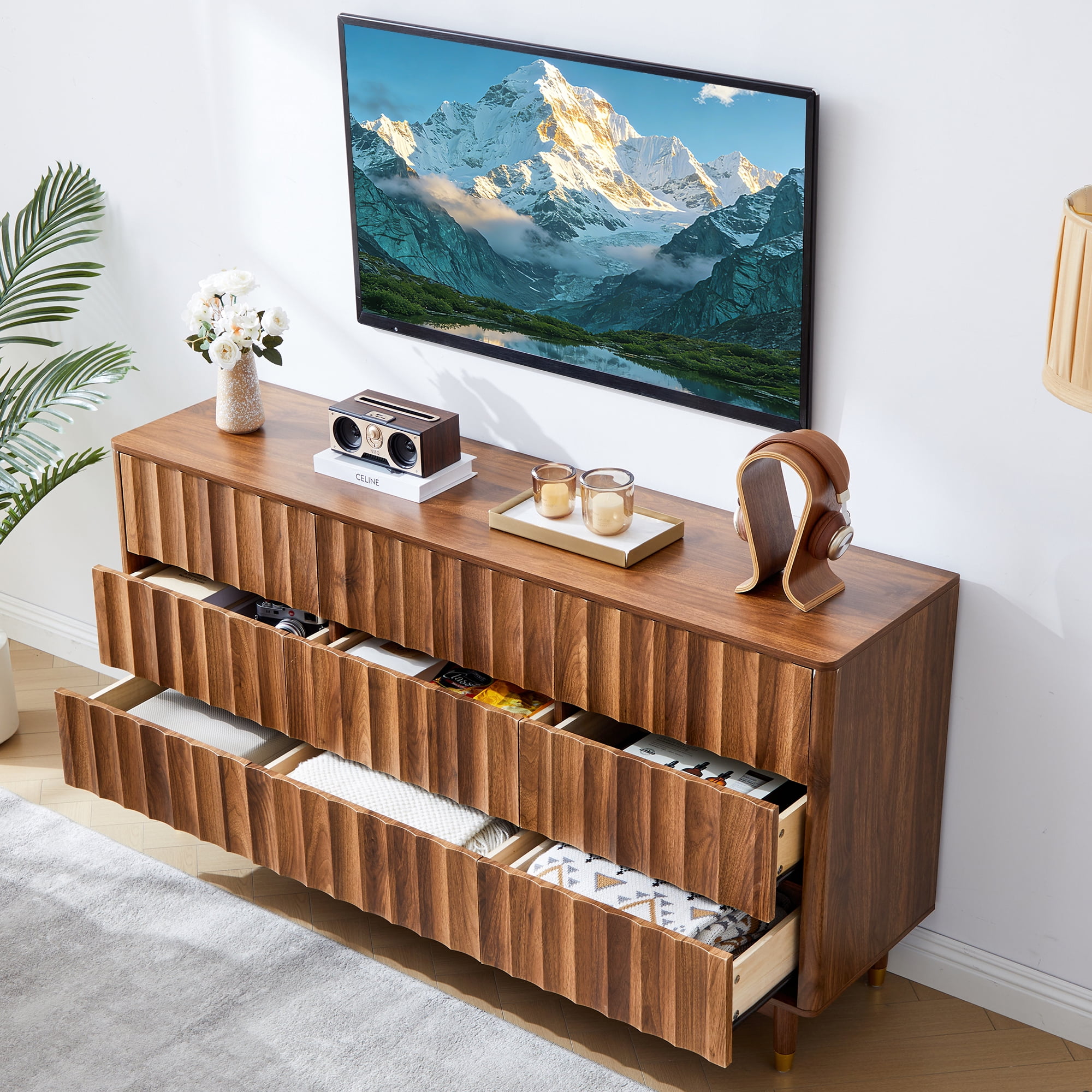 LEFHDA Fluted 9-Drawer Dresser for Bedroom with Deep Drawers, 60" Wide Mid Century Modern Chest of Drawers, Wooden Dresser TV Stand for Living Room, Hallway, Closet (Walnut)