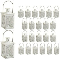 Kate Aspen Medium Decorative Lanterns - Set of 24 - Luminous Distressed White Metal Lantern Candle Holders Centerpieces for Wedding, Home Decor and Party - 6.3" H (8.9" H with Handle)