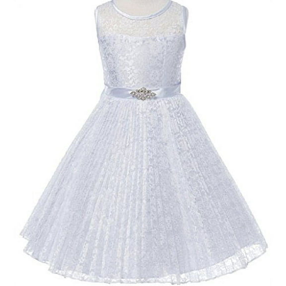 Big Girls' Pleated Lace Illusion Top Sunburst Skirt Flowers Girls Dresses White Size 8