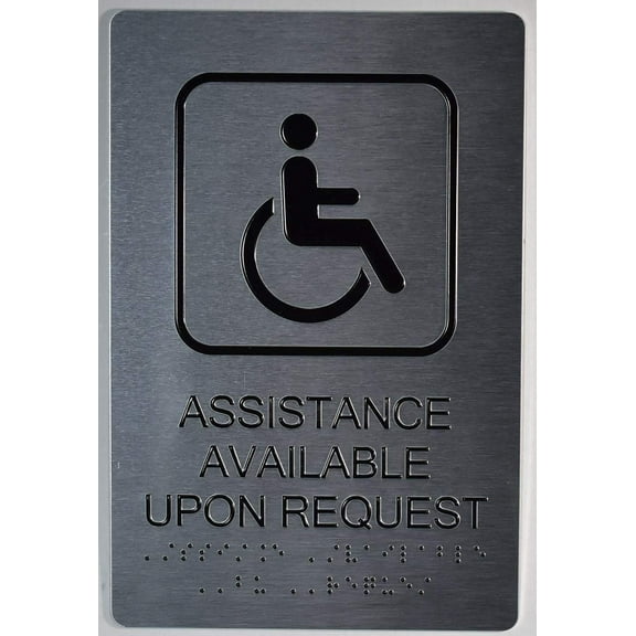 Assistance Available Upon Request Sign Silver - Tactile Touch Braille Sign (Aluminium !!, Brush Silver,Size 6X9)- The Sensation line(ref-2022-4)