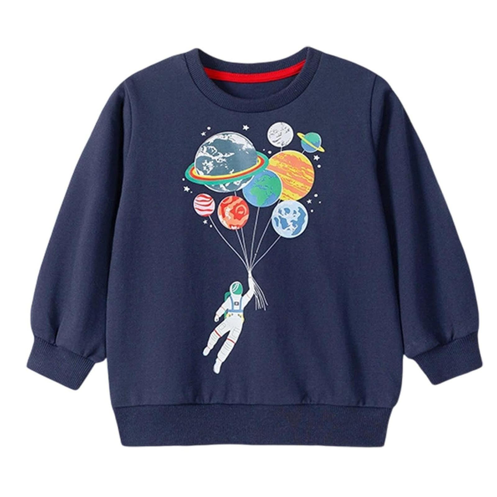 Favoffer Winter Boys Navy Astronaut-Graphic Crewneck Hoodless Sweatshirt - Casual Play Outdoor Adventure 2-8Y