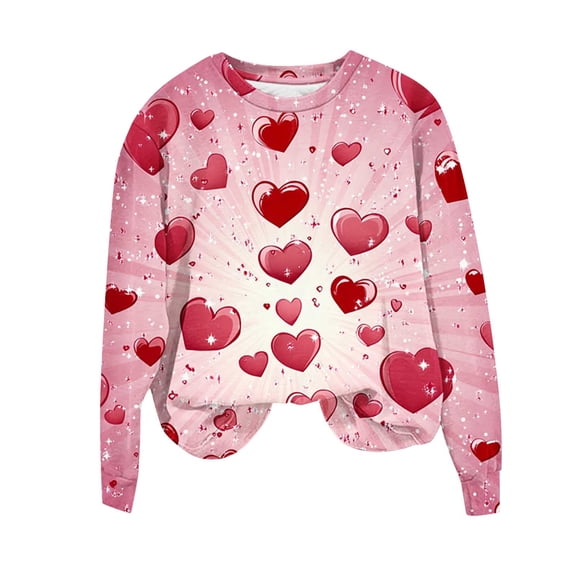 qucoqpe Valentine's Day Womens Tops Fashion Heart Printed Crew Neck Pullover Shirts Long Sleeve Sweatshirts