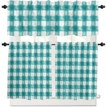3 Piece Farmhouse Cyan Turquoise Kitchen Curtains, Tier and Valance Rod Pocket Window Curtains Set Watercolor Plaid Cafe Curtains for Kitchen Valances Window Treatment 54X18in 27x36in×2