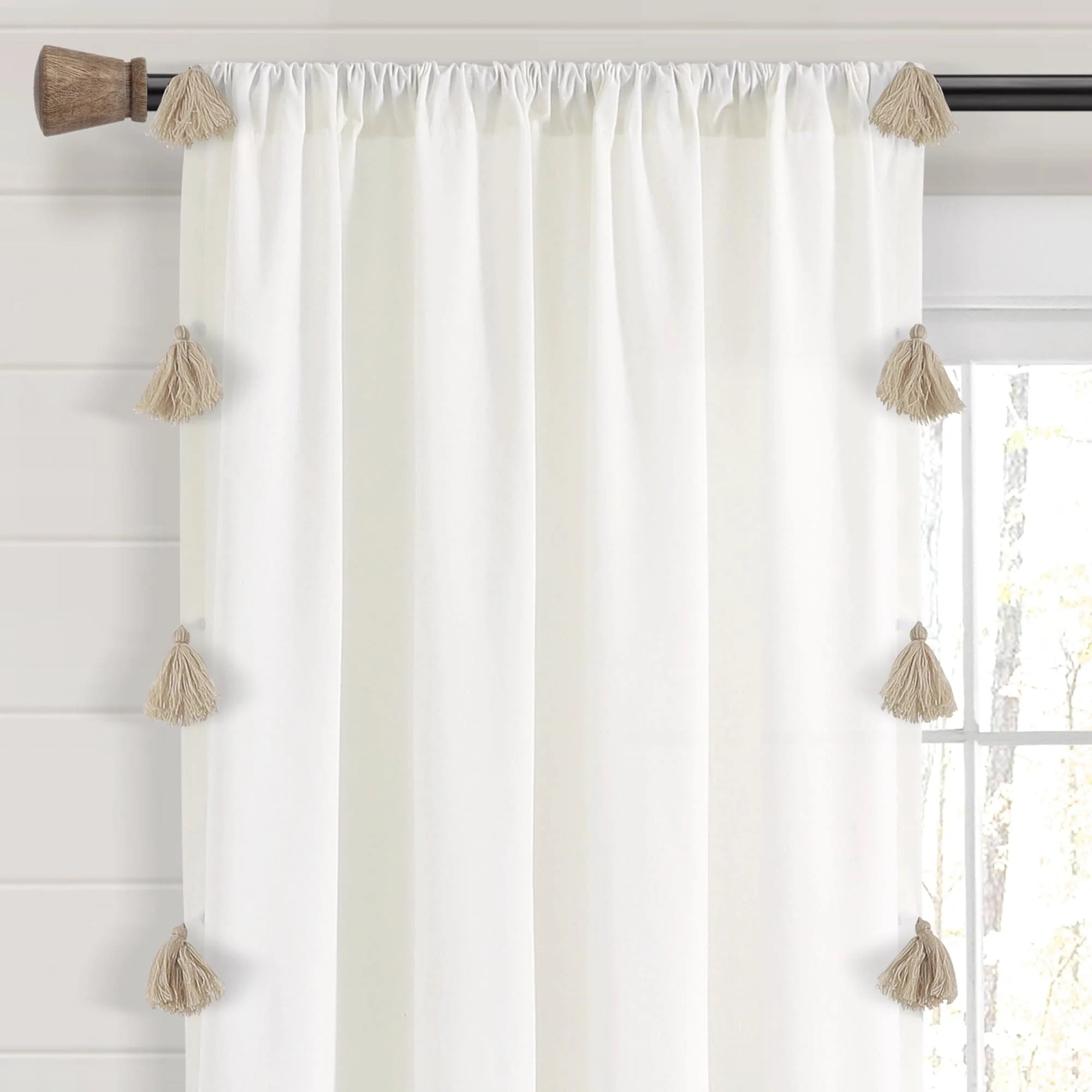 Lush Decor Boho Faux Linen Texture Tassel Single Window Curtain Panel - White/Gray - 84 x 52