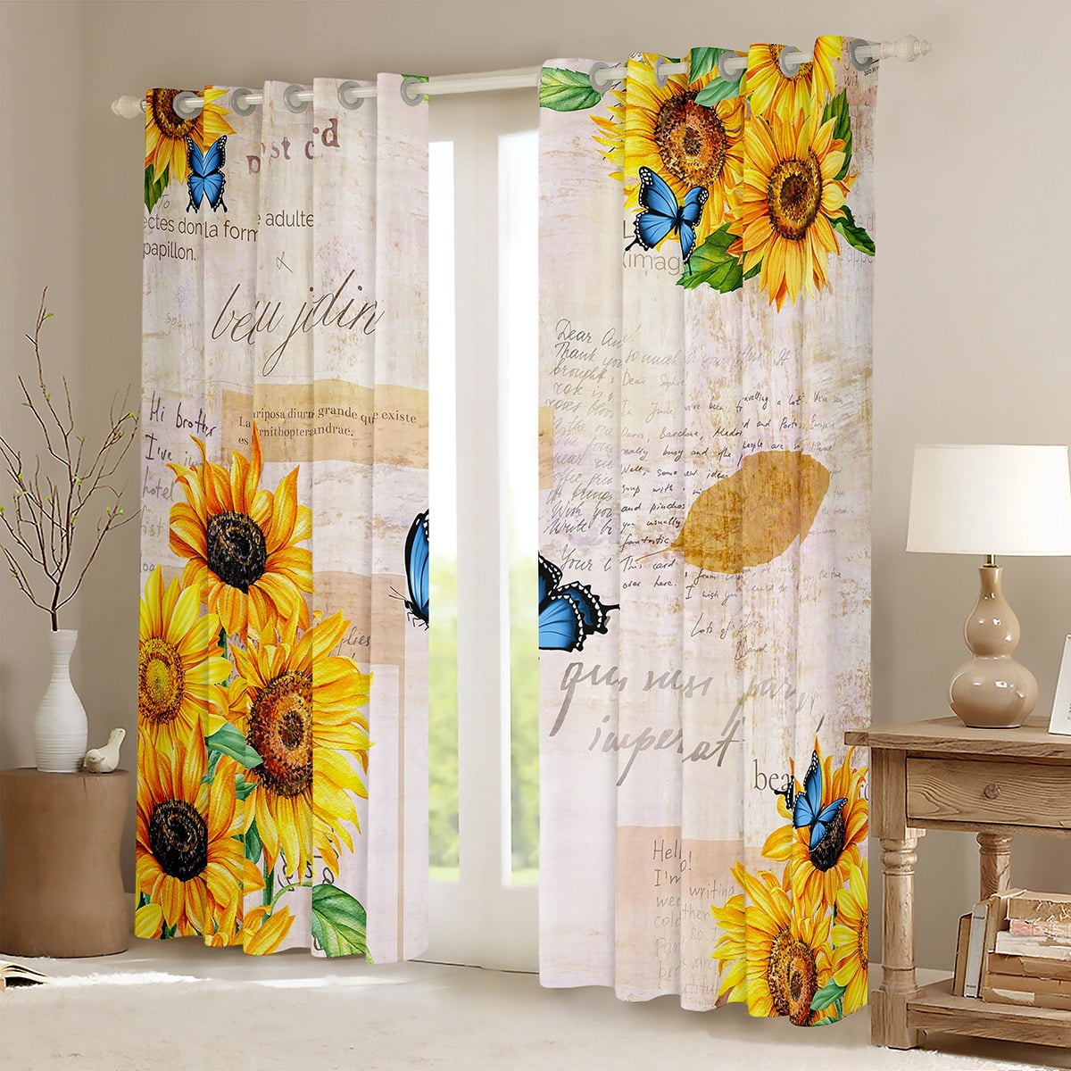 Erosebridal Sunflower Curtains Floral Botanical Curtains & Drapes, Blue Butterfly Yellow Flowers 30%-50% Blackout Curtains Pastoral Sunflower Window Curtains 42Wx84L