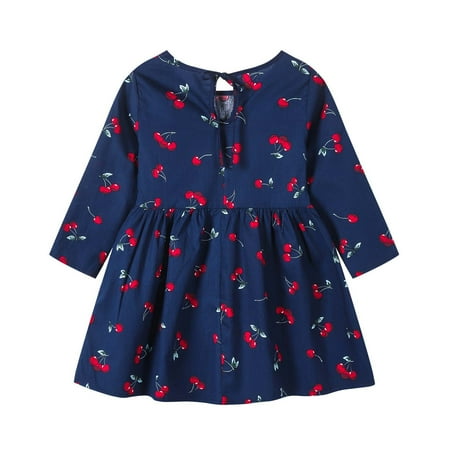 

YWDJ 6Month-3Years Girls Dresses Toddler Clothing Long Sleeve One-Piece Floral Dress Fall Kids Skirt Navy 6-9 Months