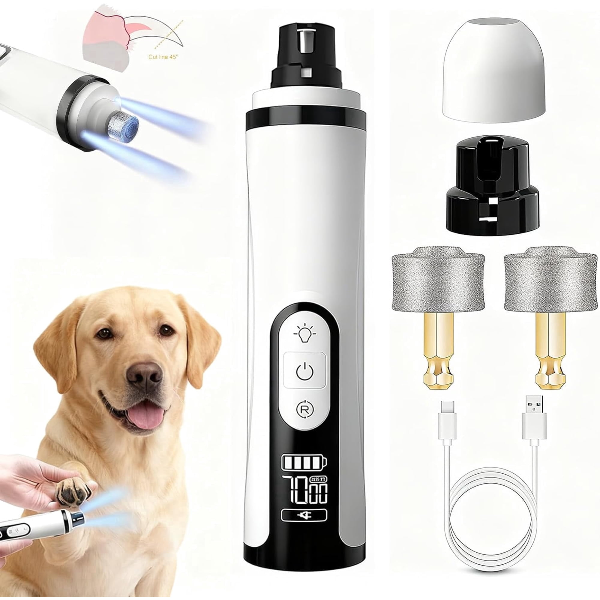 Silent Groom Pro Nail Grinder Cordless, 2026 Upgraded Nail Trimmer for Dogs and Cats with LED Light & 3 Speeds, 2000mAh USB Rechargeable Dog Nail Trimmer for Thick Nails (1pc+2 Heads)