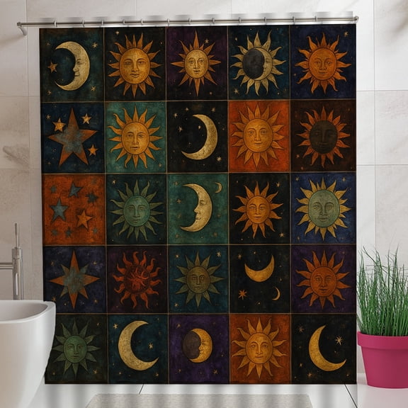 1pc Celestial-Themed Shower Curtain Featuring The Sun And Moon, Made of Polyester Fabric, Suitable for Bathroom Decoration. It Includes Hooks And Measures 70.8 by 70.8 Inches