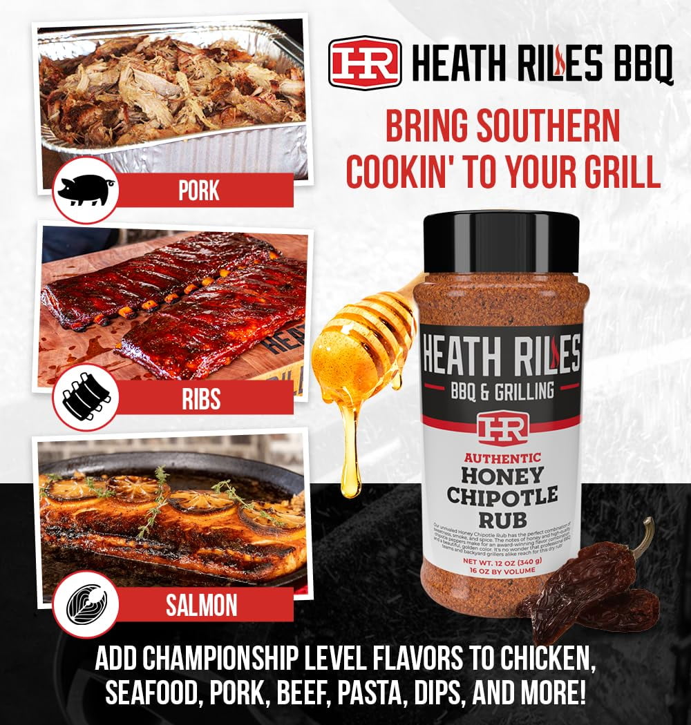 (2 pack) Heath Riles BBQ Rub Honey Chipotle Seasoning Champion Pitmaster Recipe Legendary Rubs for Smoking & Grilling 70+ BBQ Championships 12 oz