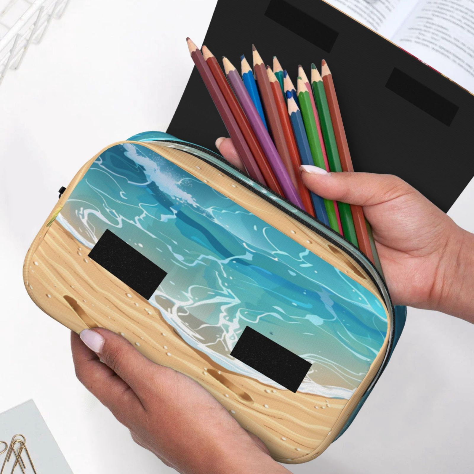 Rateoe Tropical Beach With Starfish Pattern Double Clamshell Pen Case, Storage Organizer with Two Zipper Compartments– Holds Up to 50 Pencils & Pens