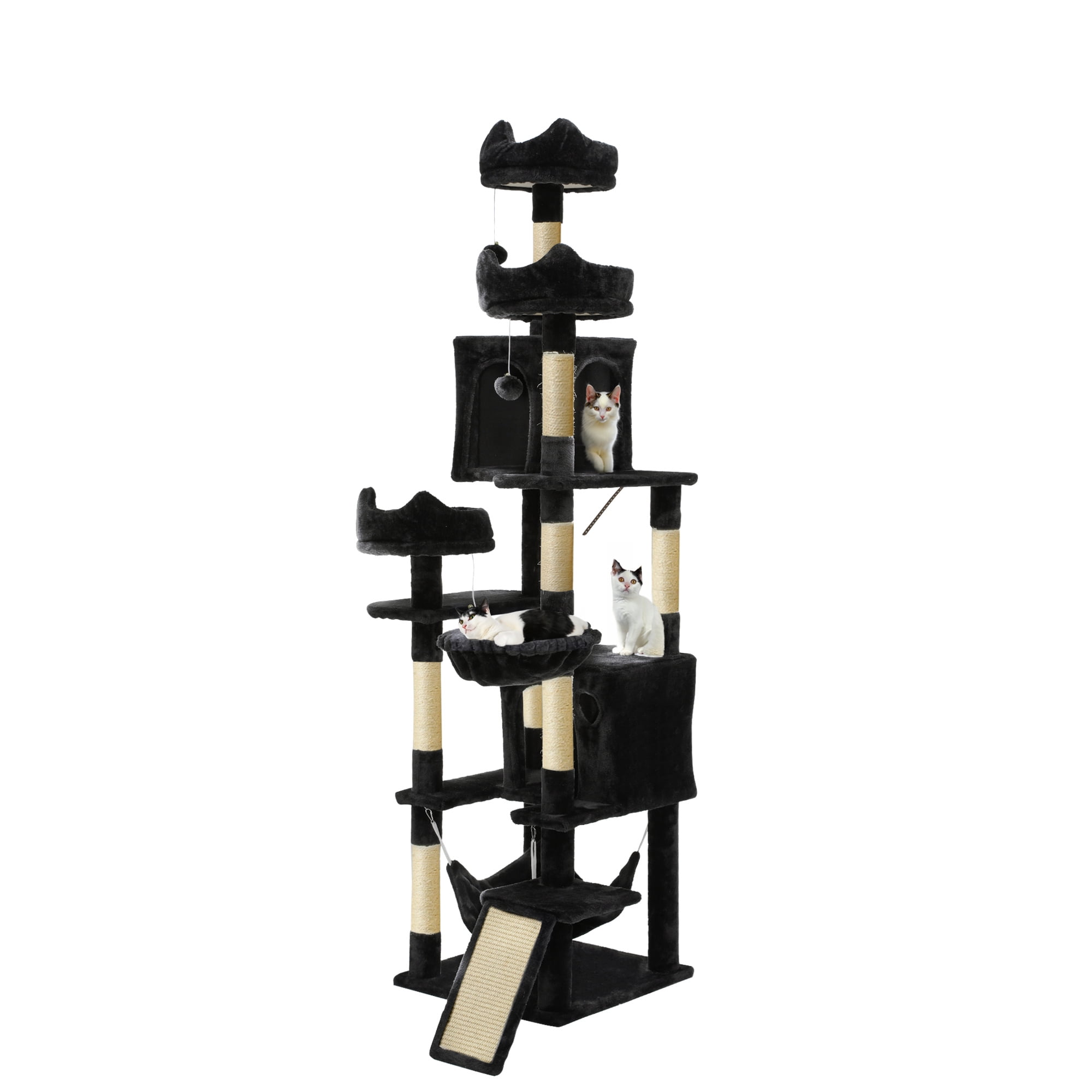 Uforic 75" Cat Tree for Large Cats Multi Level Play Tower Condo with Scratching Posts, Top Perches, Hammocks, Black