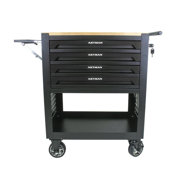 Izzovium 4 Drawers Heavy Duty Tool Cart with Wheels & Wooden Top, 35.4" x 26.9" x 17.9" Multifunctional Garage Organizer, 300LB Capacity, Black