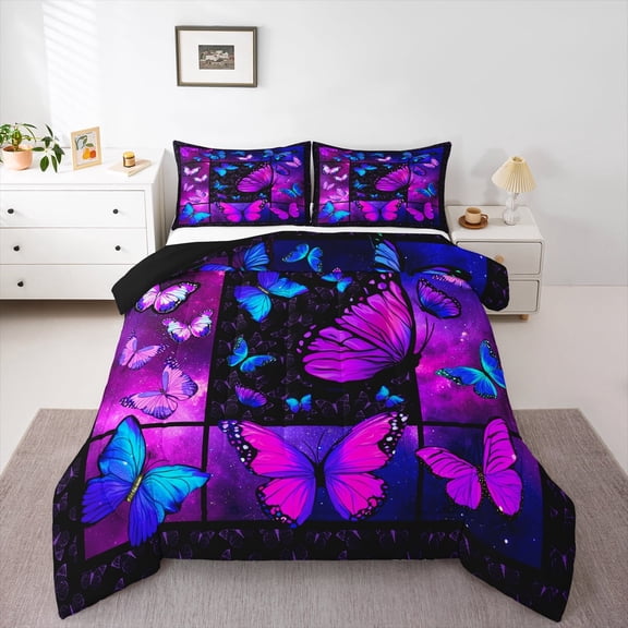 Erosebridal Butterfly Comforter Set Starry Sky Galaxy Comforter Blue Purple Butterfly Bedding Sets Twin Teens Women Bed,Aesthetics Butterflies Quilt Duvet Set 1 Pillow Case Room Decor