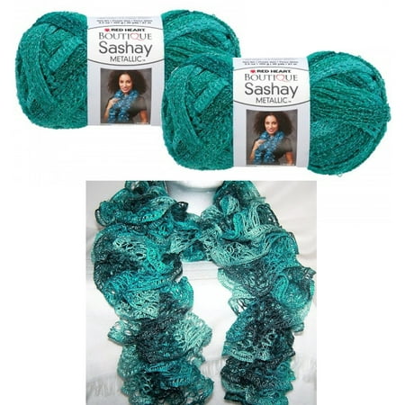 - 2 X Crochet Yarn Malachite Metallic Sashay Knitted Scarf Green Teal Knit Aqua