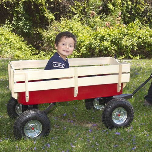 Best Choice Products Wood Wagon ALL Terrain Pulling Red w/ Wood Railing Garden Cart 