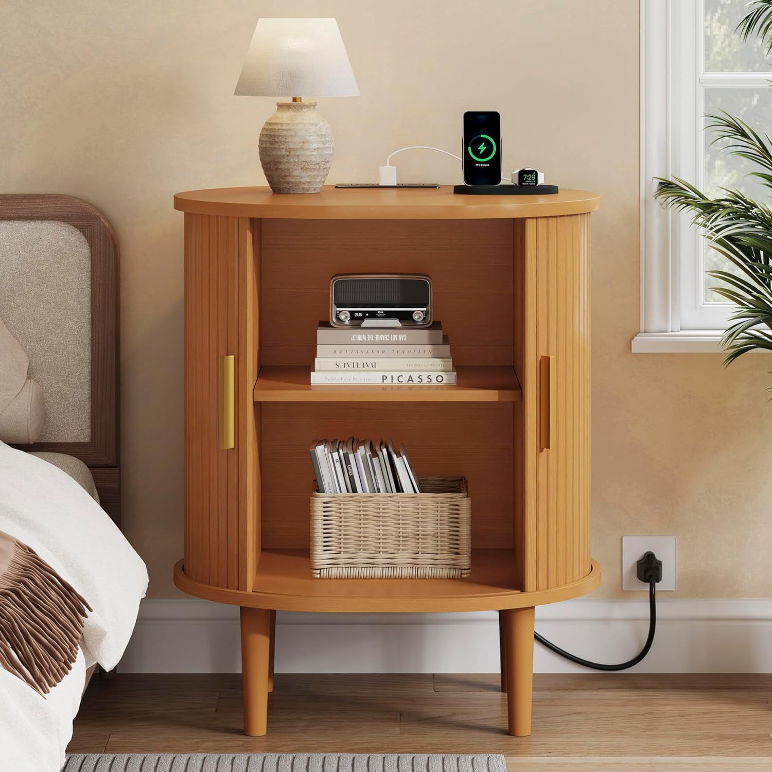 1-Piece Nightstand Set with Charging Station Mid-Century Modern, Yellow Fluted Side Tables with Sliding Door & Adjustable Shelf, Space-Saving End Table for Bedroom, Living Room
