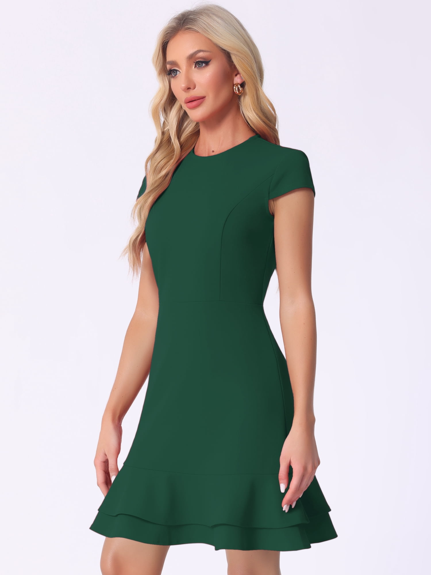 DARING DIVA Cap Sleeves Round Neck Tiered Ruffled Hem Dress S Green