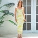 thumbnail image 4 of Vestido Midi Ajustado con Fruncido Floral para Mujer, de y de , Ideal para Invitadas de Boda, Cócteles y Salidas de Verano 2025. Amarillo M, 4 of 10