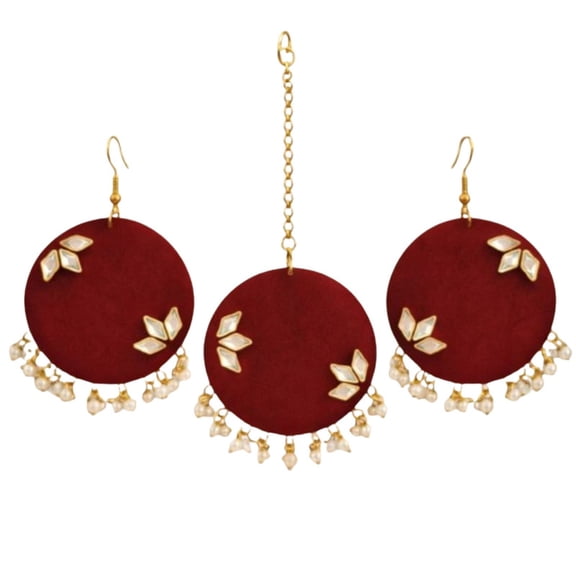 Handcrafted Fabric Jewelry Set for Women| Embroidered Round Earrings with Matching Maang Tikka | Ethnic Kundan Pearl Traditional Jewelry Set for Wedding, Festival & Party Wear (Maroon)