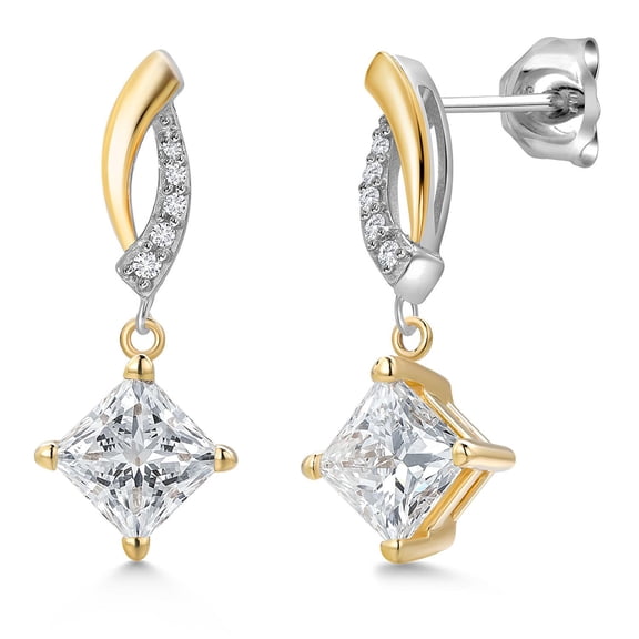 Gem Stone King 2.10 Cttw IGI Certified Lab Grown Diamond in 925 Silver and 10K Yellow Gold Earrings for Women | Princess Center Diamond 1.00 Ct | D-E Color | VS1-VS2 Clarity