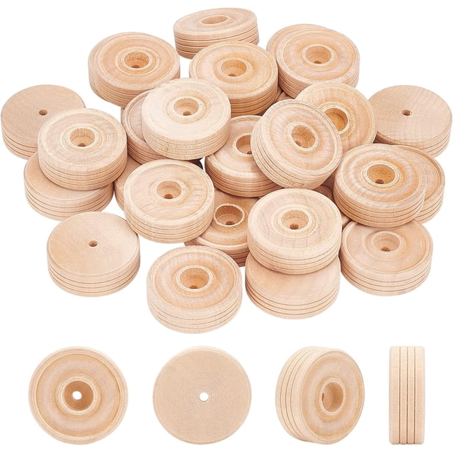 Paquete de 30 ruedas de madera para manualidades de 1,4" de diámetro, ruedas de madera sin terminar, ruedas de madera con orificio de 0,1" para proyectos de bricolaje de automóviles pequeños y