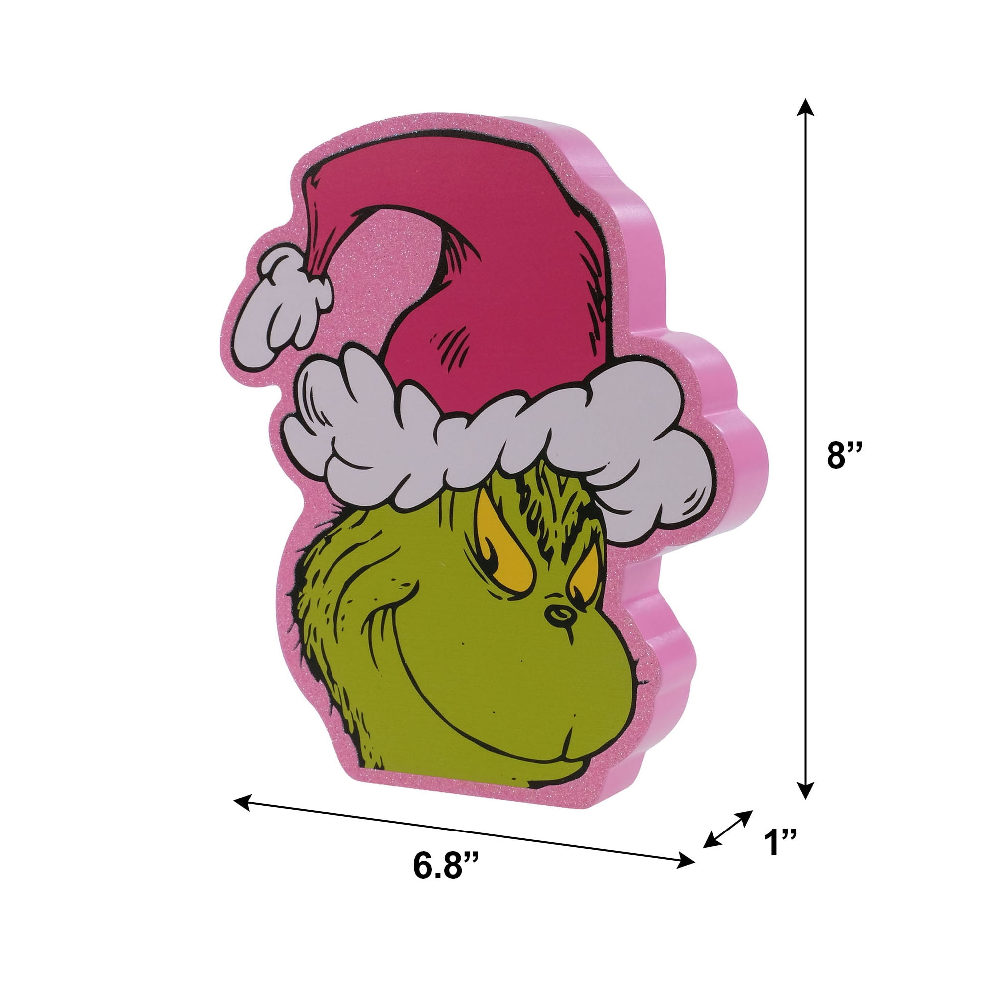 Dr. Seuss The Grinch Chunky Wood Decoration with Pink Santa Hat and Glitter, 1 Piece