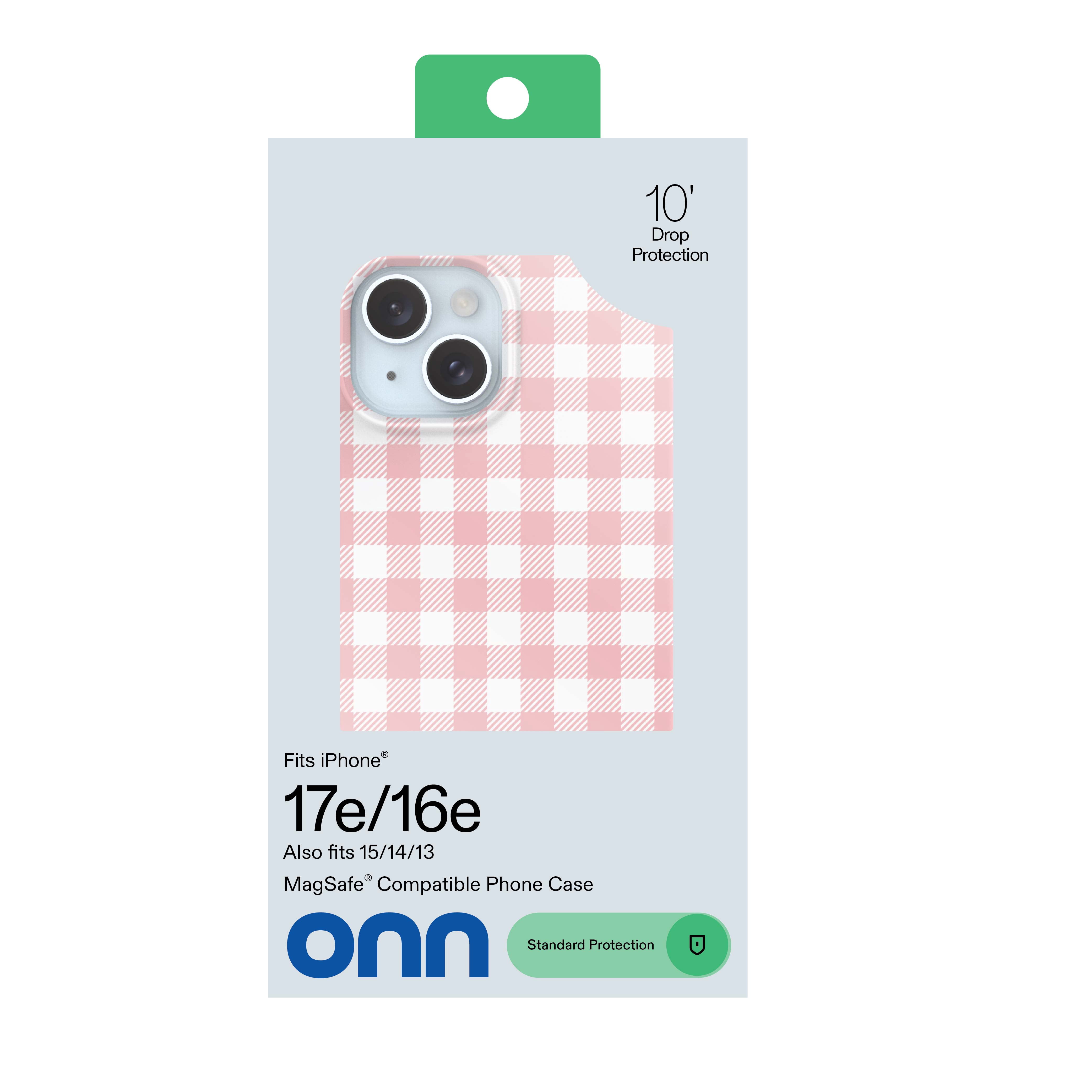 onn Phone Case for iPhone 17e / 16e / 15 / 14 / 13, MagSafe Compatible - Pink Gingham